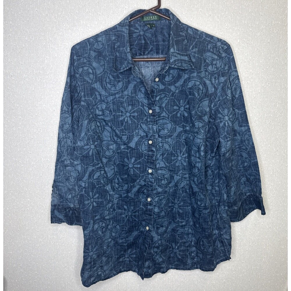 Lauren Ralph Lauren Womens 1X Denim Wash Floral Batik Shirt Linen Button Up Top